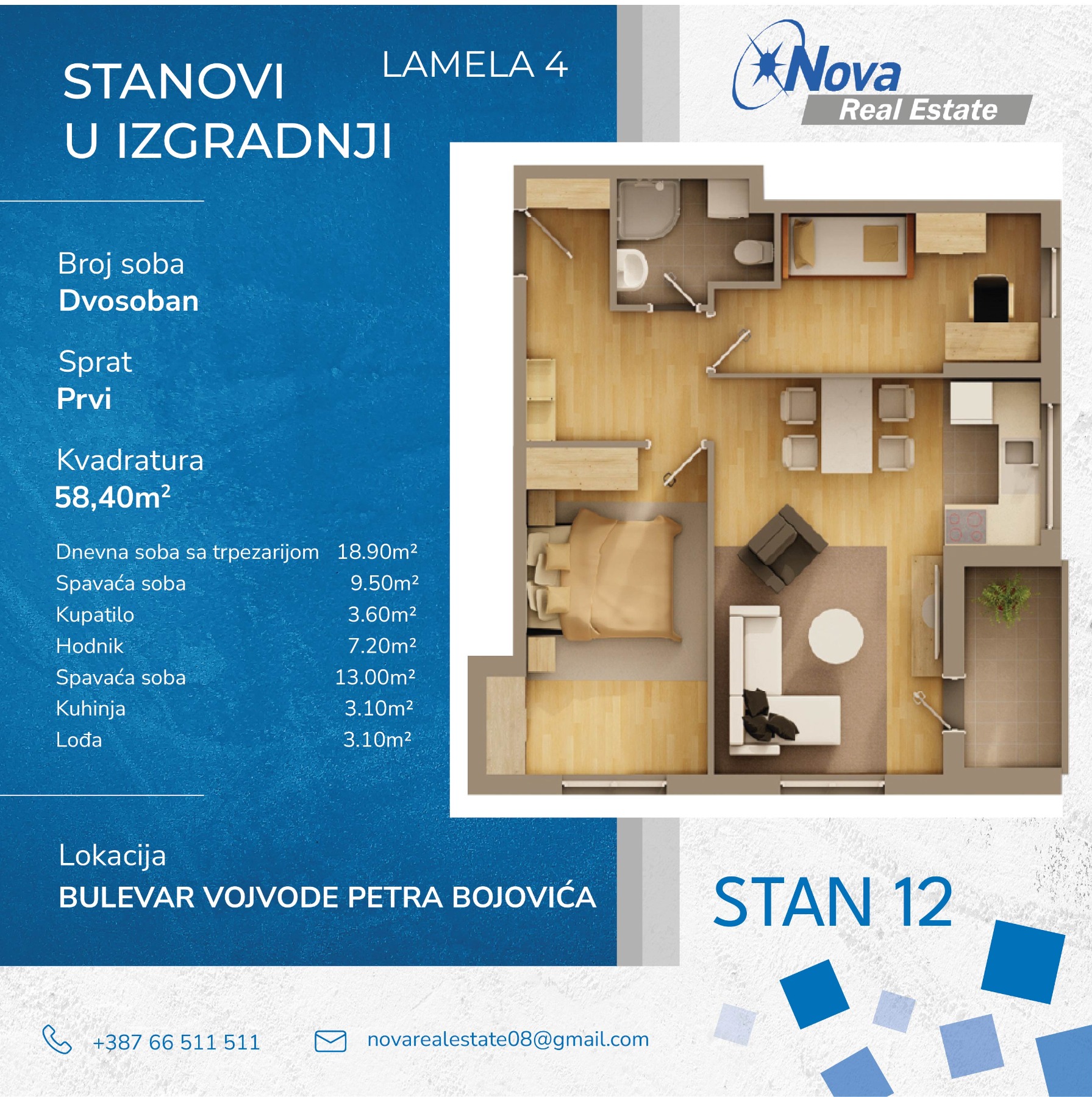 Trosoban stan 58,4 m² – BORIK, Banja Luka – novogradnja