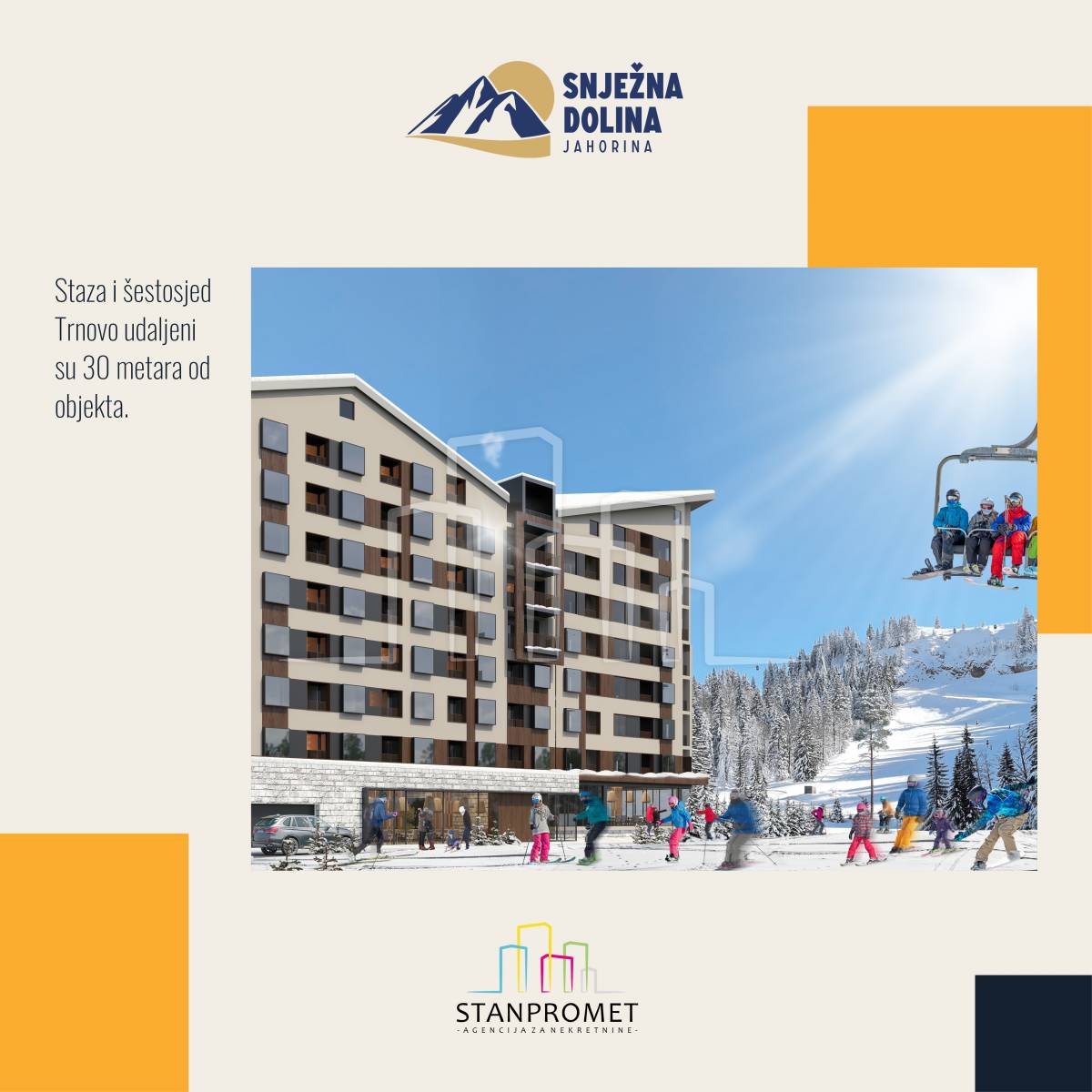 Apartman sa dvije spavaće sobe od 67,48m² pogled na stazu u izgradnji Snježna dolina Faza 2 Jahorina Lamela D