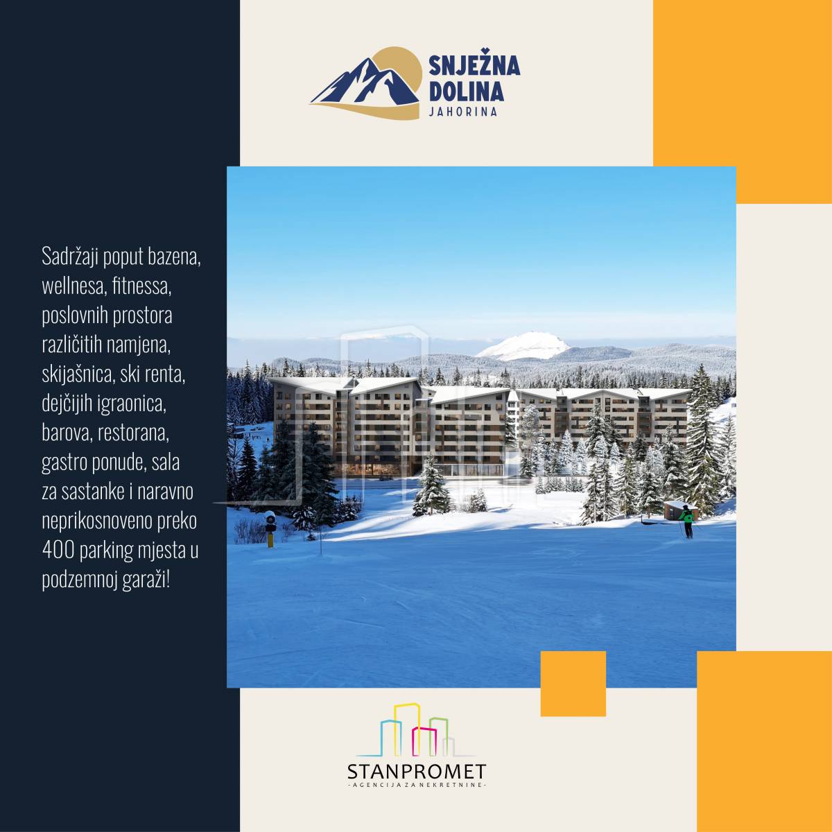 Apartman sa dvije spavaće sobe od 67,48m² pogled na stazu u izgradnji Snježna dolina Faza 2 Jahorina Lamela D