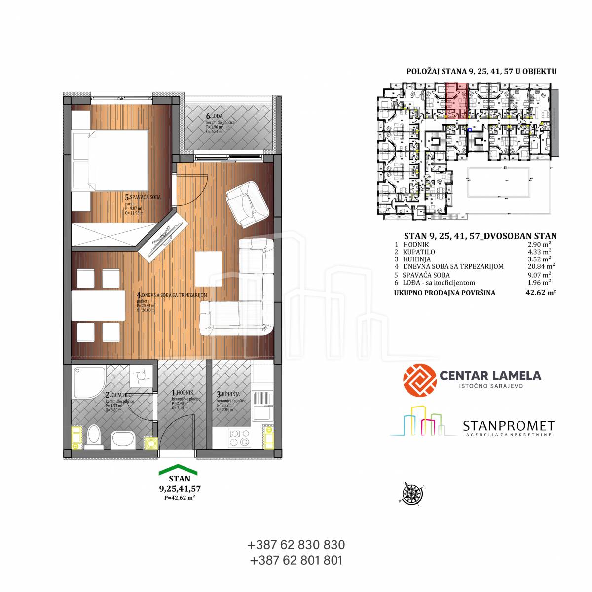 Prodaja dvosoban stan 42.62m² Lamela Centar Istočno Sarajevo