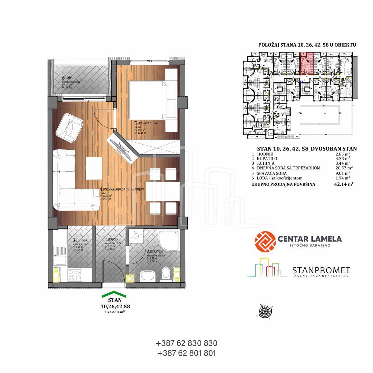 Dvosoban stan 42.14m² Lamela Centar Istočno Sarajevo