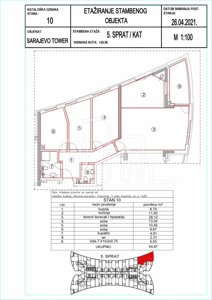 Prodaja četverosoban stan 94.67m² Sarajevo Tower