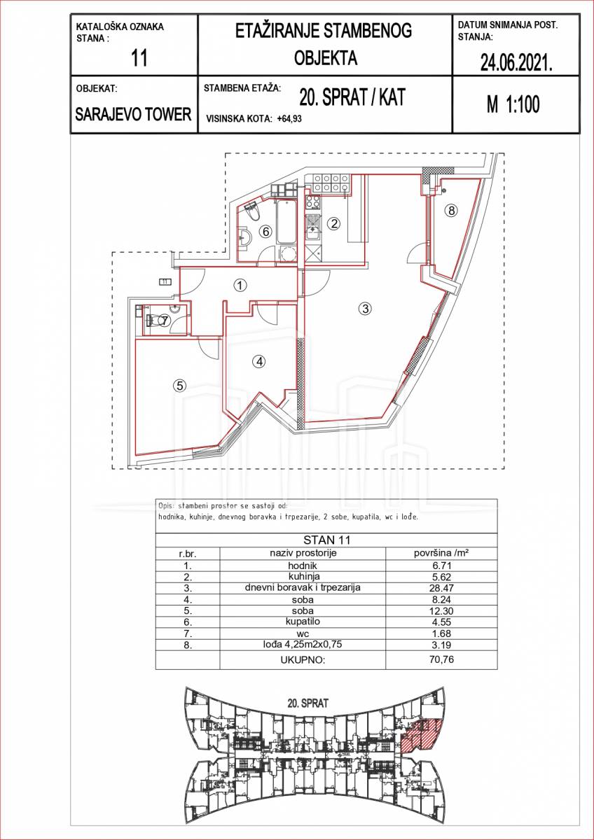 Prodaja trosoban stan 70.76m² Sarajevo Tower