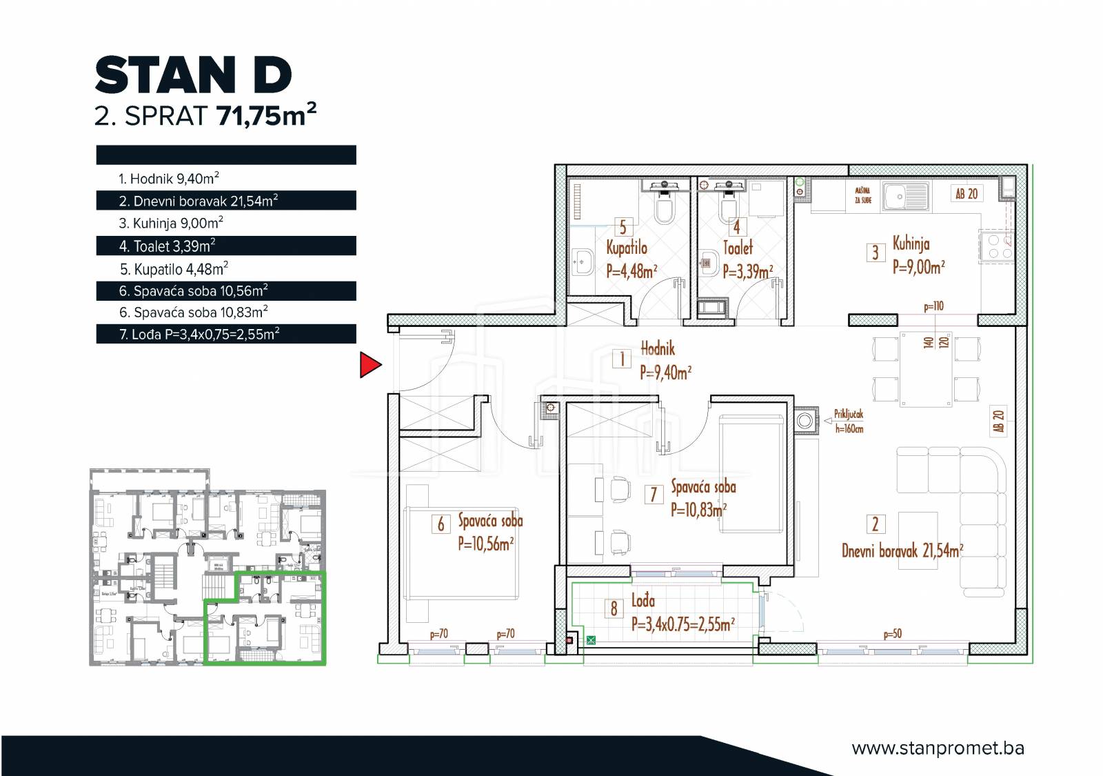 Stan trosoban dva kupatila lođa 71.75m² pogled prema Trebeviću prodaja NOVOGRADNJA Grbavica u izgradnji