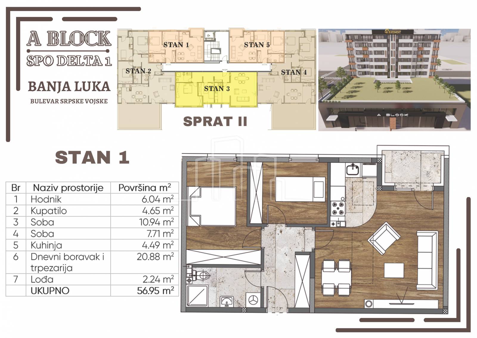 Novogradnja Banja Luka stan 57m² sa dvije spavaće sobe u izgradnji TOP LOKACIJA