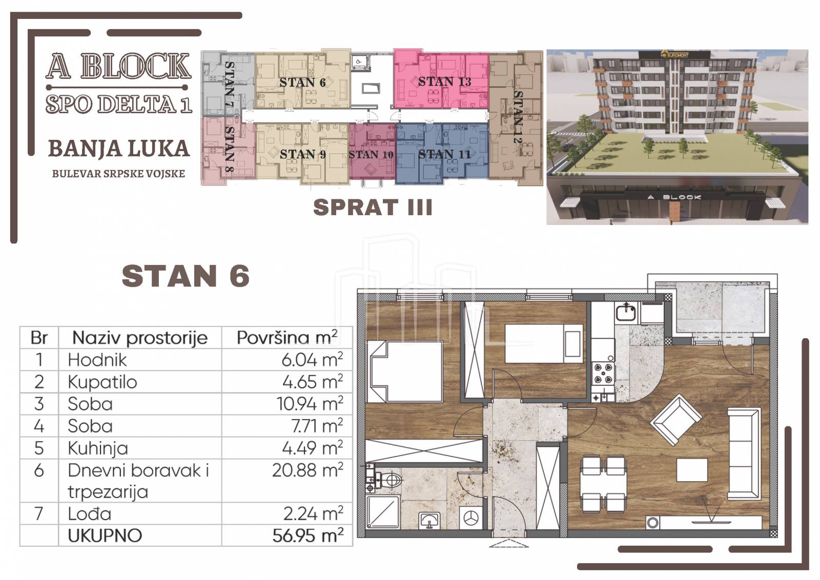 Novogradnja Banja Luka stan 57m² sa dvije spavaće sobe u izgradnji TOP LOKACIJA