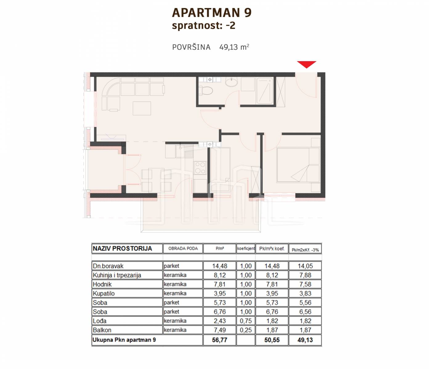 Apartman dvije spavaće od 49,13m² sa velikim balkonomu izgradnji Ski Centar Ravna Planina