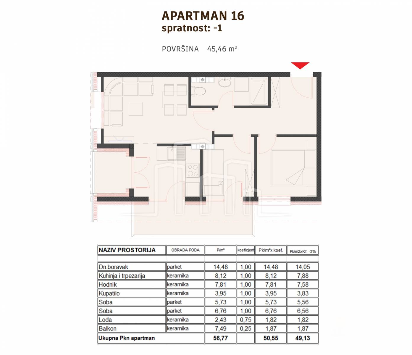 Apartman dvije spavaće od 45,46m² sa velikim balkonomu izgradnji Ski Centar Ravna Planina