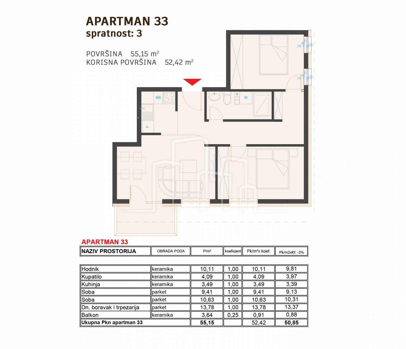 Apartman sa dvije spavaće sobe od 50.85m² u izgradnji Ski Centar Ravna Planina