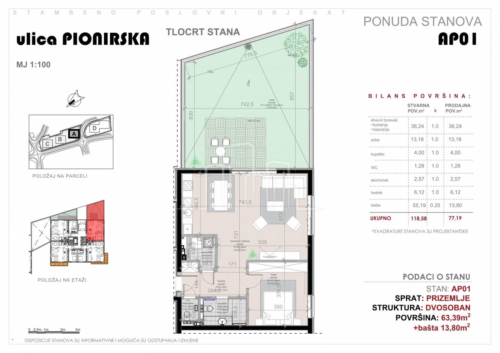 Pionirska dolina dvosoban stan 63.39m² sa baštom prodaja